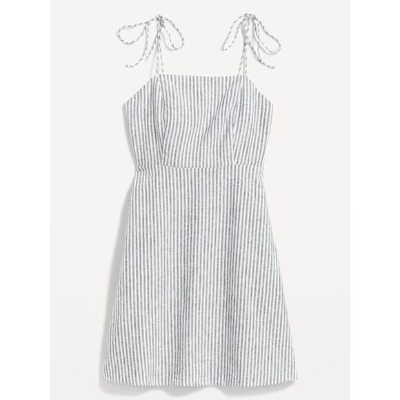 NWT - Old Navy - Fit & Flare Tie Strap Cami Mini Linen Dress - Pinstripe - S - Picture 3 of 13